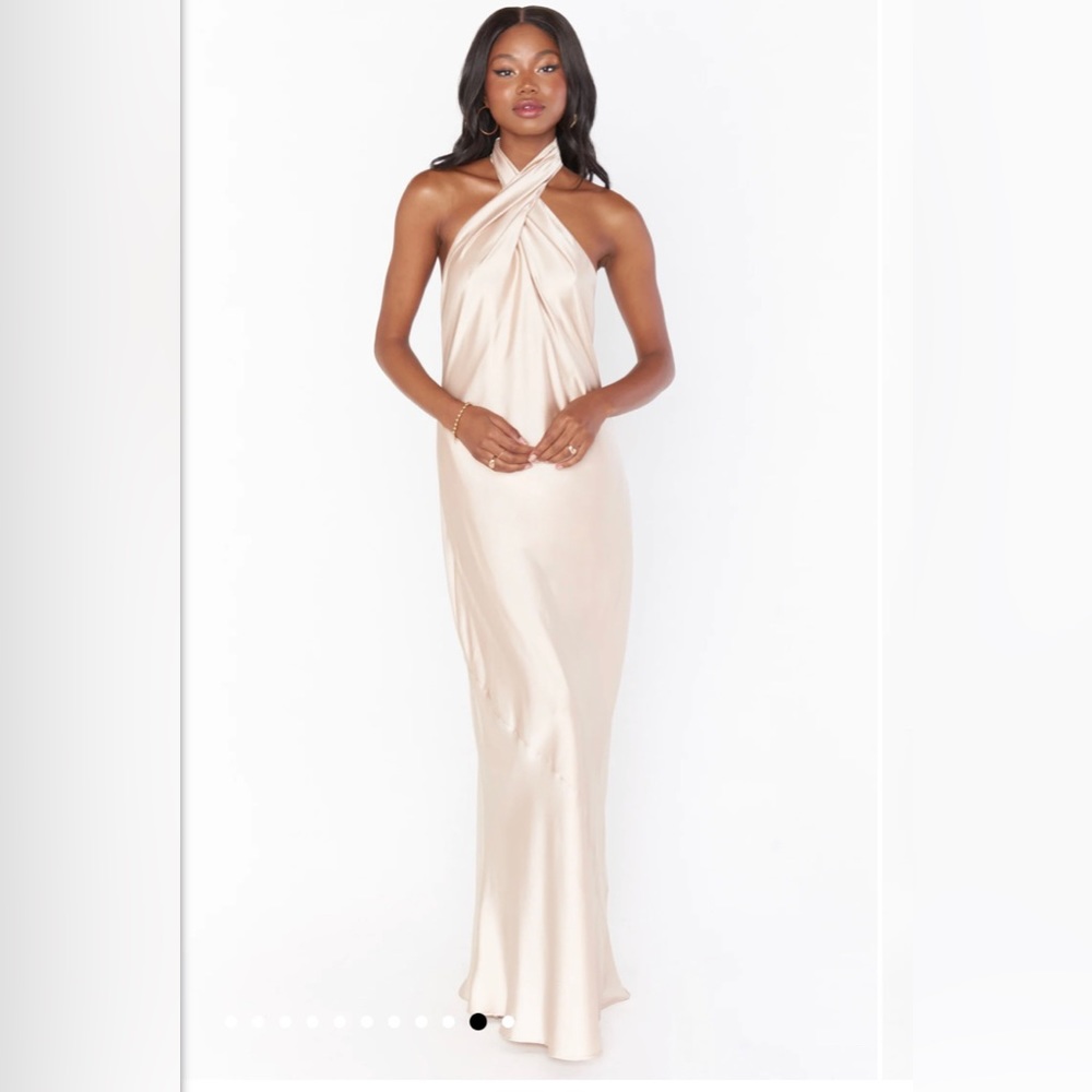 Show Me Your Mumu Jasmine bridesmaid dress is champagne satin